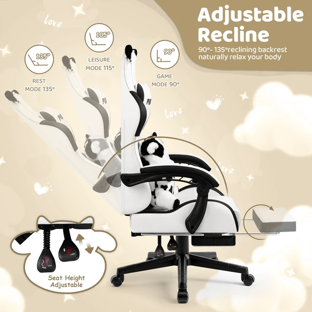 Alt view image 6 of 7 - Vitesse Black White Gaming Chair with Cow Ears and Cow Pattern Lumbar Cushion, Cute Ergonomic Gaming Computer Desk Chair with Footrest and Linked Armrests, Comfortable PU Leather Game Chair for Adults