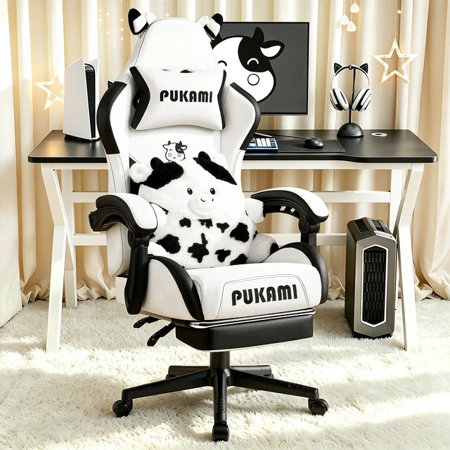 Alt view image 7 of 7 - Vitesse Black White Gaming Chair with Cow Ears and Cow Pattern Lumbar Cushion, Cute Ergonomic Gaming Computer Desk Chair with Footrest and Linked Armrests, Comfortable PU Leather Game Chair for Adults
