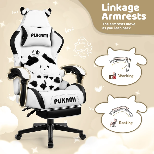 Alt view image 5 of 7 - Vitesse Black White Gaming Chair with Cow Ears and Cow Pattern Lumbar Cushion, Cute Ergonomic Gaming Computer Desk Chair with Footrest and Linked Armrests, Comfortable PU Leather Game Chair for Adults