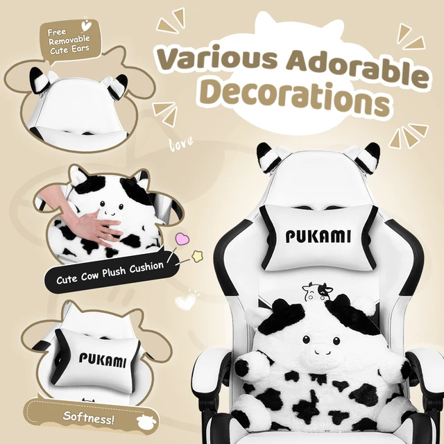 Alt view image 4 of 7 - Vitesse Black White Gaming Chair with Cow Ears and Cow Pattern Lumbar Cushion, Cute Ergonomic Gaming Computer Desk Chair with Footrest and Linked Armrests, Comfortable PU Leather Game Chair for Adults