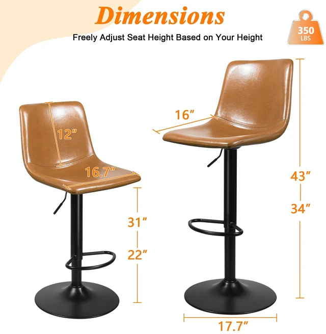Alt view image 2 of 7 - Vitesse Adjustable Swivel Bar Stools Set of 2,Counter Height Bar Stools with Back,350 LBS PU Leather Bar Stool for Kitchen Island,Upholstered Pub Stools with Footrest,Armless Dining Chairs for Bar