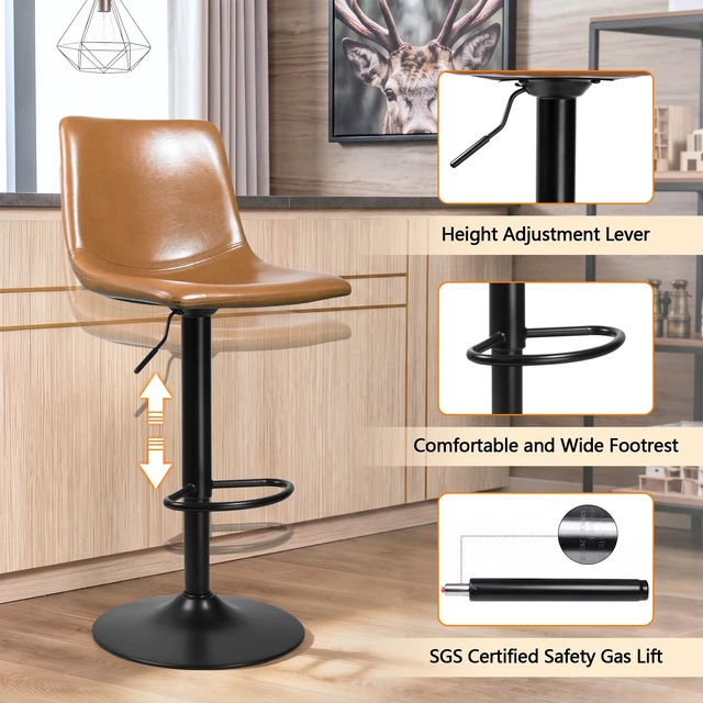 Alt view image 4 of 7 - Vitesse Adjustable Swivel Bar Stools Set of 2,Counter Height Bar Stools with Back,350 LBS PU Leather Bar Stool for Kitchen Island,Upholstered Pub Stools with Footrest,Armless Dining Chairs for Bar