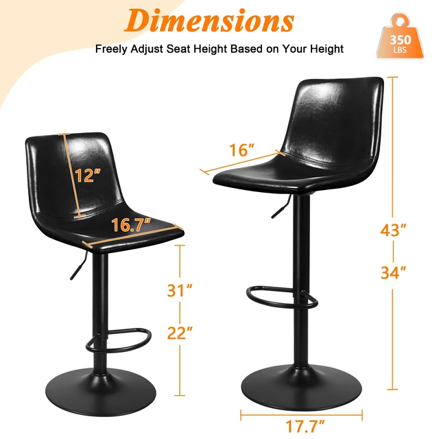 Alt view image 2 of 7 - Vitesse Adjustable Swivel Bar Stools Set of 2,Counter Height Bar Stools with Back,350 LBS PU Leather Bar Stool for Kitchen Island,Upholstered Pub Stools with Footrest,Armless Dining Chairs for Bar