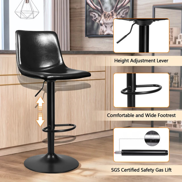 Alt view image 4 of 7 - Vitesse Adjustable Swivel Bar Stools Set of 2,Counter Height Bar Stools with Back,350 LBS PU Leather Bar Stool for Kitchen Island,Upholstered Pub Stools with Footrest,Armless Dining Chairs for Bar