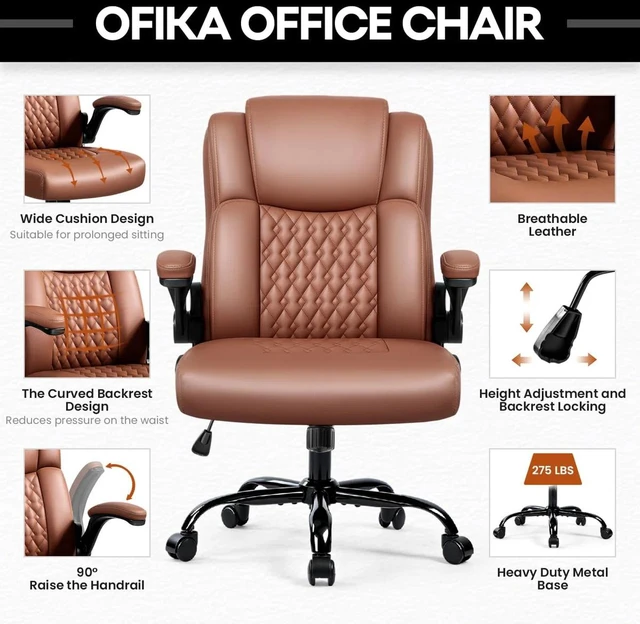 Alt view image 4 of 7 - Vitesse Leather Office Desk Chair, Ergonomic Office Chair with Lumbar Support, Computer Chair, Executive Leather Chair with Padded Flip-up Arm, Adjustable Armrests, Brown, 275LBS