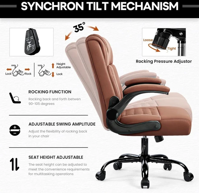 Alt view image 5 of 7 - Vitesse Leather Office Desk Chair, Ergonomic Office Chair with Lumbar Support, Computer Chair, Executive Leather Chair with Padded Flip-up Arm, Adjustable Armrests, Brown, 275LBS