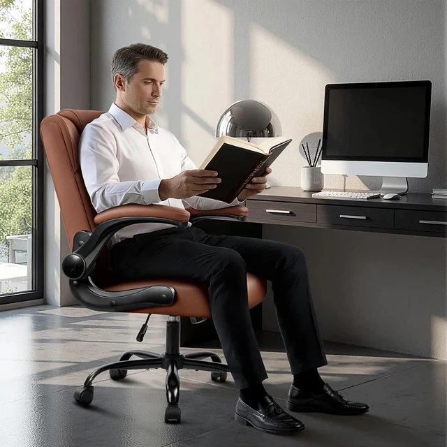 Alt view image 2 of 7 - Vitesse Leather Office Desk Chair, Ergonomic Office Chair with Lumbar Support, Computer Chair, Executive Leather Chair with Padded Flip-up Arm, Adjustable Armrests, Brown, 275LBS