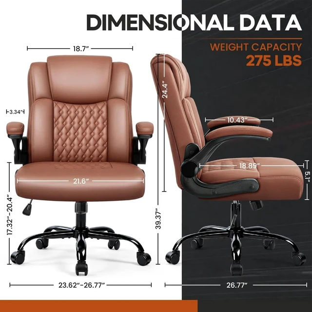 Alt view image 3 of 7 - Vitesse Leather Office Desk Chair, Ergonomic Office Chair with Lumbar Support, Computer Chair, Executive Leather Chair with Padded Flip-up Arm, Adjustable Armrests, Brown, 275LBS