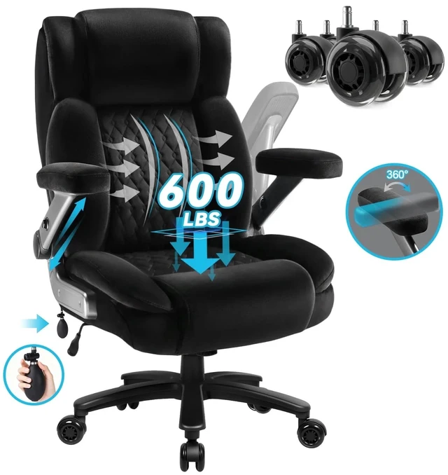 Main image of Vitesse Big and Tall Office Chair 600lbs with 5D Flip Arms, Heavy Duty Executive Office Chairs, Ergonomic Desk Chair with Adjustable Lumbar Support & Rubber Wheels, Velvet Fabric, Black