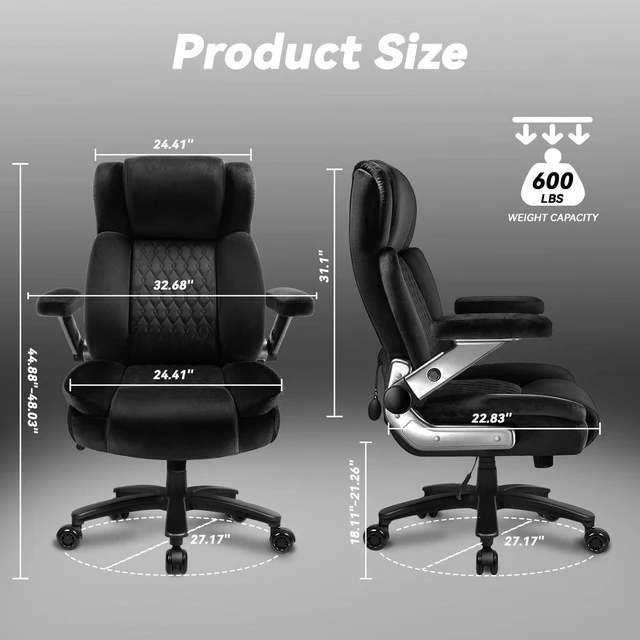 Alt view image 2 of 7 - Vitesse Big and Tall Office Chair 600lbs with 5D Flip Arms, Heavy Duty Executive Office Chairs, Ergonomic Desk Chair with Adjustable Lumbar Support & Rubber Wheels, Velvet Fabric, Black