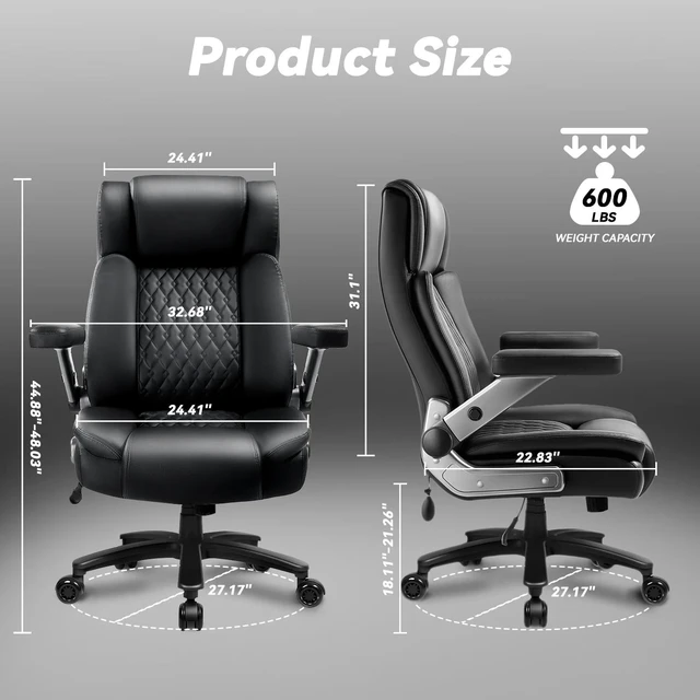 Alt view image 2 of 7 - Vitesse Big and Tall Office Chair 600lbs with 5D Flip Arms, Heavy Duty Executive Office Chairs, Ergonomic Desk Chair with Adjustable Lumbar Support & Rubber Wheels, PU Leather, Black