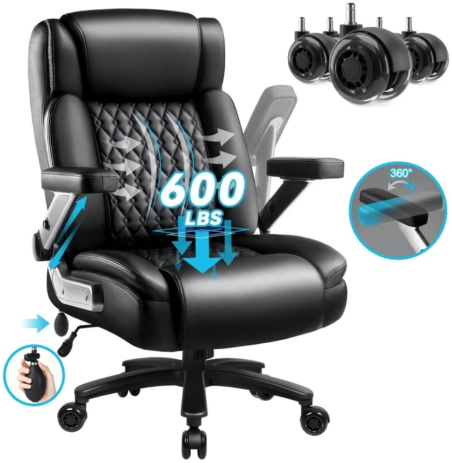 Main image of Vitesse Big and Tall Office Chair 600lbs with 5D Flip Arms, Heavy Duty Executive Office Chairs, Ergonomic Desk Chair with Adjustable Lumbar Support & Rubber Wheels, PU Leather, Black