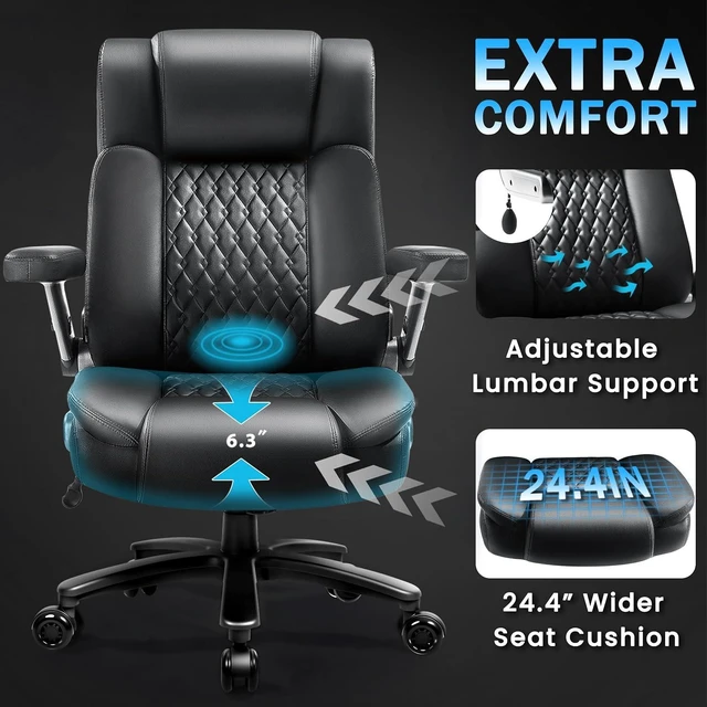 Alt view image 5 of 7 - Vitesse Big and Tall Office Chair 600lbs with 5D Flip Arms, Heavy Duty Executive Office Chairs, Ergonomic Desk Chair with Adjustable Lumbar Support & Rubber Wheels, PU Leather, Black