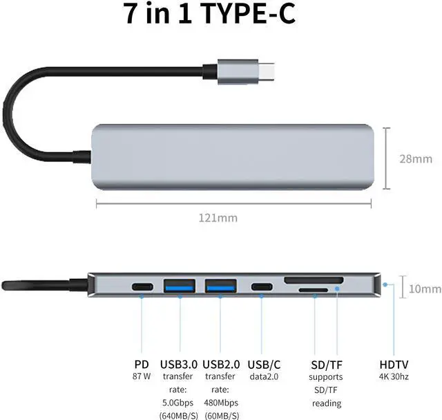 Alt view image 2 of 6 - Dogfish USB C Hub, USB C Docking Station, 7 in 1 USB C to HDMI Multiport Adapter Compatible for MacBook Pro USB C laptops, with 4K HDMI USB3.0 & USB2.0 SD / TF Card Reader