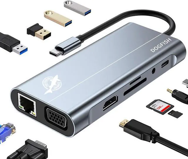 Main image of Dogfish USB C Docking Station, 11 in 1 Triple Display Type C Apater with RJ45 Ethernet, 4K HDMI, VGA, PD Charging, USB 3.0 & USB 2.0, SD/TF Card Reader, 3.5mm Audio, Multiport Adapter for MacBook Pro