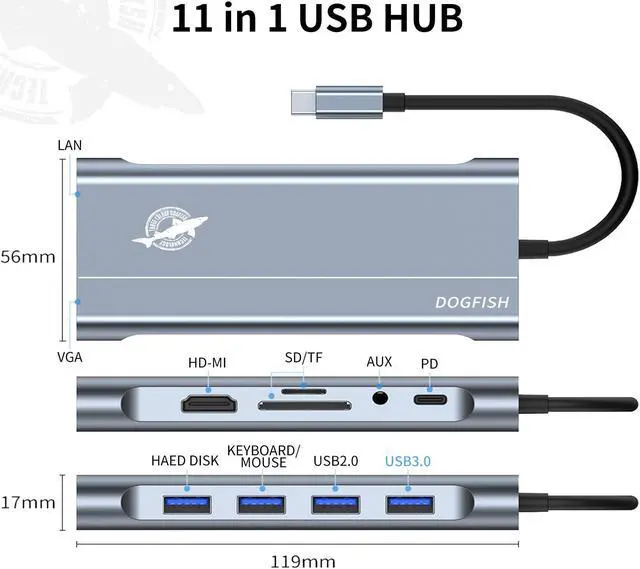 Alt view image 2 of 7 - Dogfish USB C Docking Station, 11 in 1 Triple Display Type C Apater with RJ45 Ethernet, 4K HDMI, VGA, PD Charging, USB 3.0 & USB 2.0, SD/TF Card Reader, 3.5mm Audio, Multiport Adapter for MacBook Pro