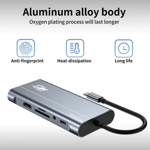 Alt view image 4 of 7 - Dogfish USB C Docking Station, 11 in 1 Triple Display Type C Apater with RJ45 Ethernet, 4K HDMI, VGA, PD Charging, USB 3.0 & USB 2.0, SD/TF Card Reader, 3.5mm Audio, Multiport Adapter for MacBook Pro