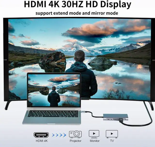 Alt view image 5 of 7 - Dogfish USB C Docking Station, 11 in 1 Triple Display Type C Apater with RJ45 Ethernet, 4K HDMI, VGA, PD Charging, USB 3.0 & USB 2.0, SD/TF Card Reader, 3.5mm Audio, Multiport Adapter for MacBook Pro