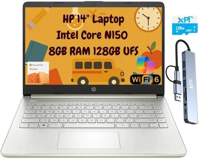 Main image of HP 14 Home Student Personal Laptop 14" HD 4-Core Intel N150 Processor 8GB DDR4 RAM 128GB UFS + 128GB Micro SD Card Webcam with 1 Year MS Office 365 Subscription (1TB Cloud Storage Included) Gold