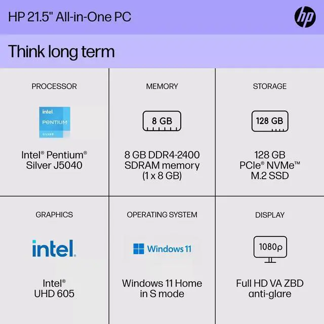 Alt view image 4 of 7 - HP 22-dd0153w All-In-One Desktop, 21.5" FHD (1920 x 1080) Non-Touch, Intel Pentium Silver J5040, 8GB RAM, 128GB SSD, Windows 11 S