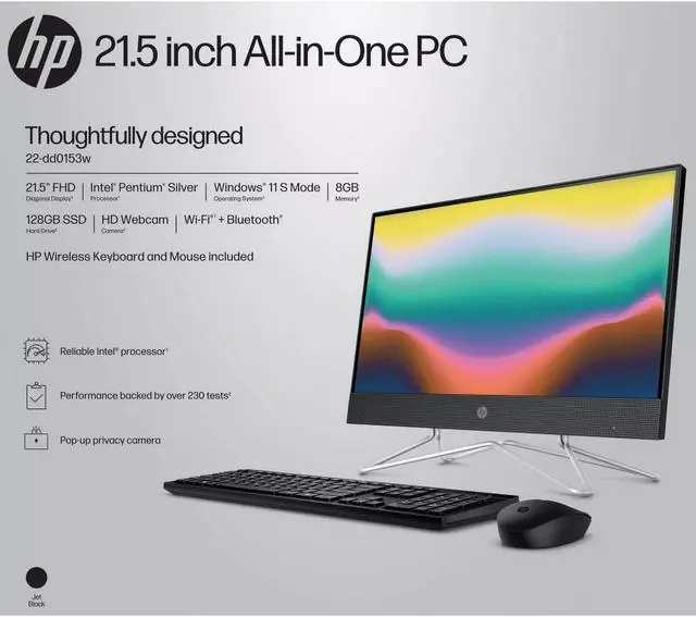Alt view image 7 of 7 - HP 22-dd0153w All-In-One Desktop, 21.5" FHD (1920 x 1080) Non-Touch, Intel Pentium Silver J5040, 8GB RAM, 128GB SSD, Windows 11 S