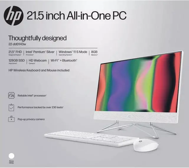 Alt view image 7 of 7 - HP 22-dd0143w All-In-One Desktop, 21.5" FHD (1920 x 1080) Non-Touch, Intel Pentium Silver J5040, 8GB RAM, 128GB SSD, Windows 11 S