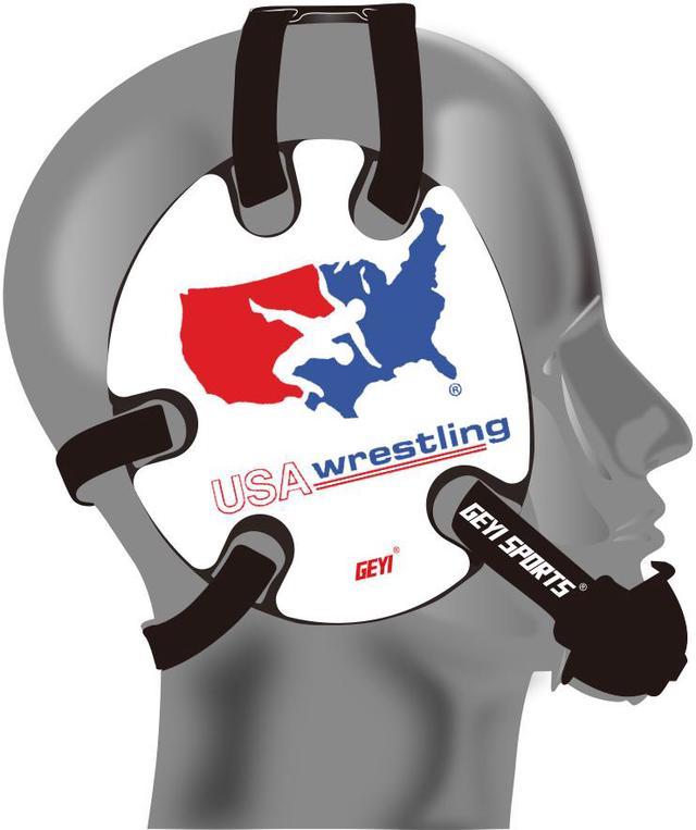 Wrestling headgear with IOWA USA wrestling stickers 