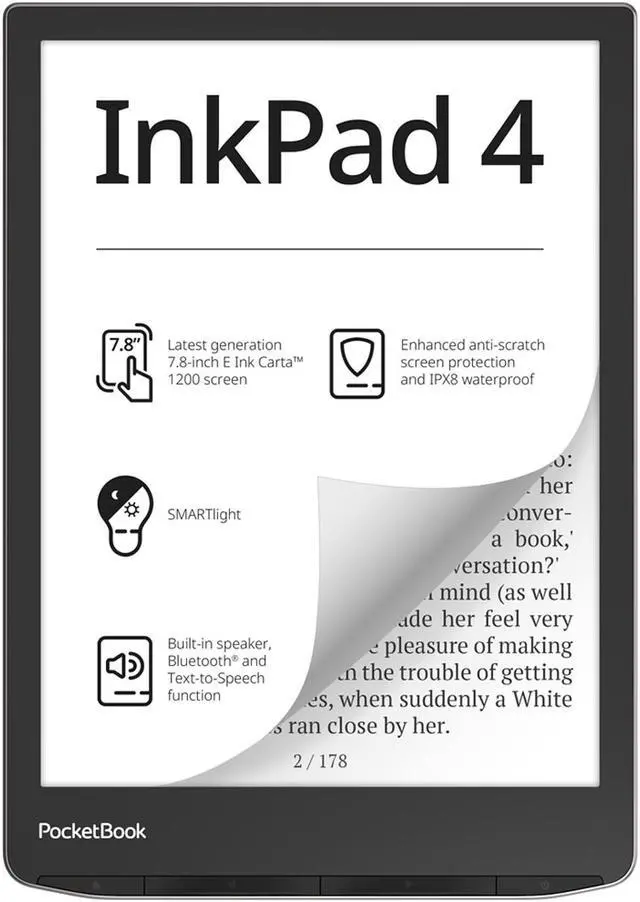 Main image of PocketBook InkPad 4 Eye-Friendly Audio E-Book Reader large 7.8 E-Ink Display PB743G-U-WW