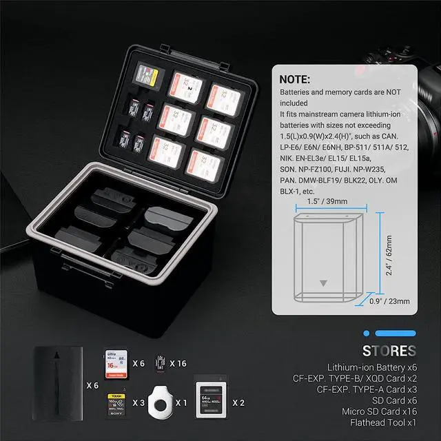 Alt view image 2 of 7 - JJC Camera Battery Case Fits for Canon LP-E6 E6NH Nikon EN-EN15 EL3e EL15a Sony NP-FZ100 Fujifilm NP-W235 Olympus BLX-1, Memory Card Case Holder Storage for CF Express Type A Type B XQD SD MicroSD TF