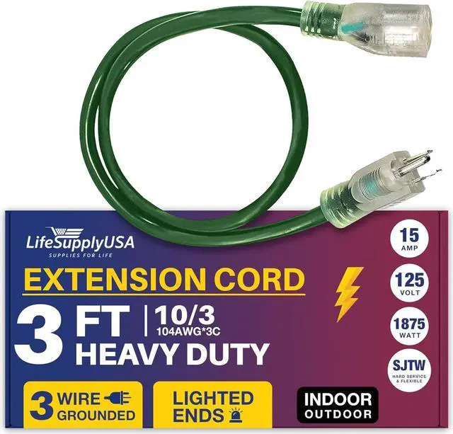 Main image of 3FT Power Extension Cord Outdoor & Indoor - Waterproof Electric Drop Cord Cable - 3 Prong SJTW, 10 Gauge, 15 AMP, 125 Volts, 1875 Watts, 10/3 by LifeSupplyUSA - Green (1 Pack)