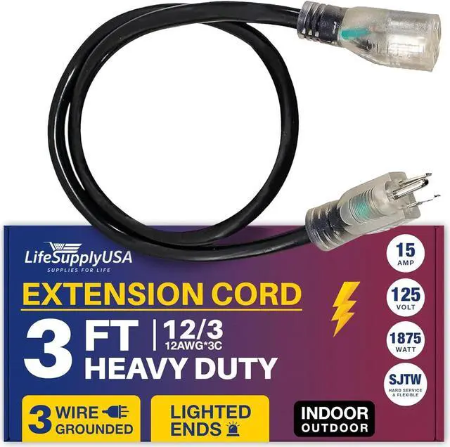 Main image of 3FT Power Extension Cord Outdoor & Indoor - Waterproof Electric Drop Cord Cable - 3 Prong SJTW, 12 Gauge, 15 AMP, 125 Volts, 1875 Watts, 12/3 by LifeSupplyUSA - Black (1 Pack)