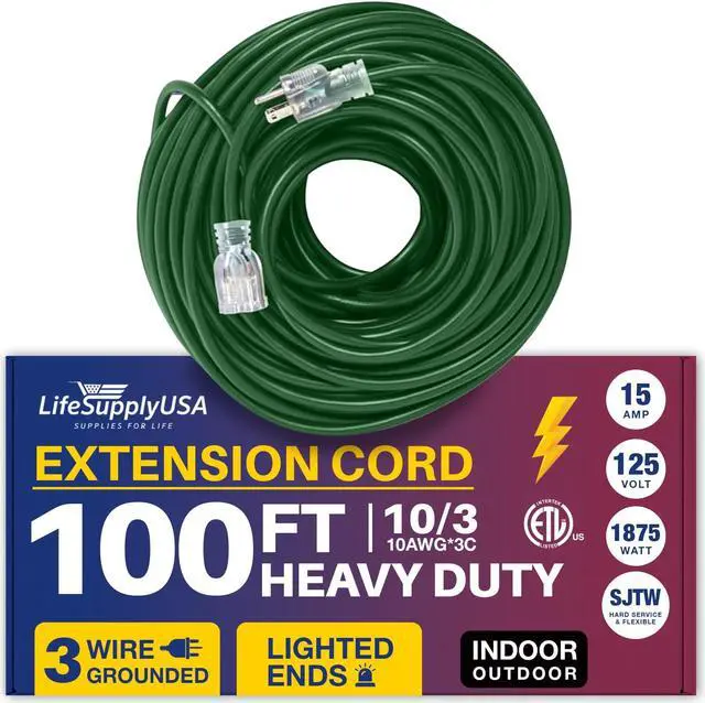 Main image of 100FT Power Extension Cord Outdoor & Indoor - Waterproof Electric Drop Cord Cable - 3 Prong SJTW, 10 Gauge, 15 AMP, 125 Volts, 1875 Watts, 10/3 - ETL Listed, by LifeSupplyUSA - Green (1 Pack)
