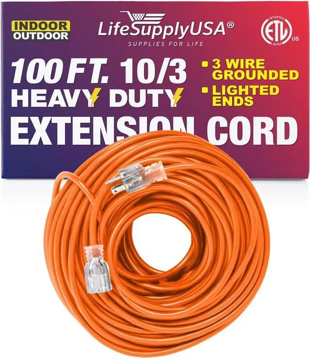 Main image of 100FT Power Extension Cord Outdoor & Indoor - Waterproof Electric Drop Cord Cable - 3 Prong SJTW, 10 Gauge, 15 AMP, 125 Volts, 1875 Watts, 10/3 - ETL Listed, by LifeSupplyUSA - Orange (3 Pack)