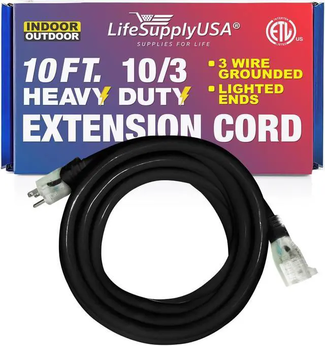 Alt view image 2 of 2 - 10 ft extension cord 10/3 sjtw with lighted end - black - indoor / outdoor heavy duty extra durability 15amp 125v 1875w etl listed by lifesupplyusa