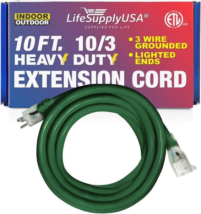 Main image of 10FT Power Extension Cord Outdoor & Indoor - Waterproof Electric Drop Cord Cable - 3 Prong SJTW, 10 Gauge, 15 AMP, 125 Volts, 1875 Watts, 10/3 - ETL Listed, by LifeSupplyUSA - Green (1 Pack)