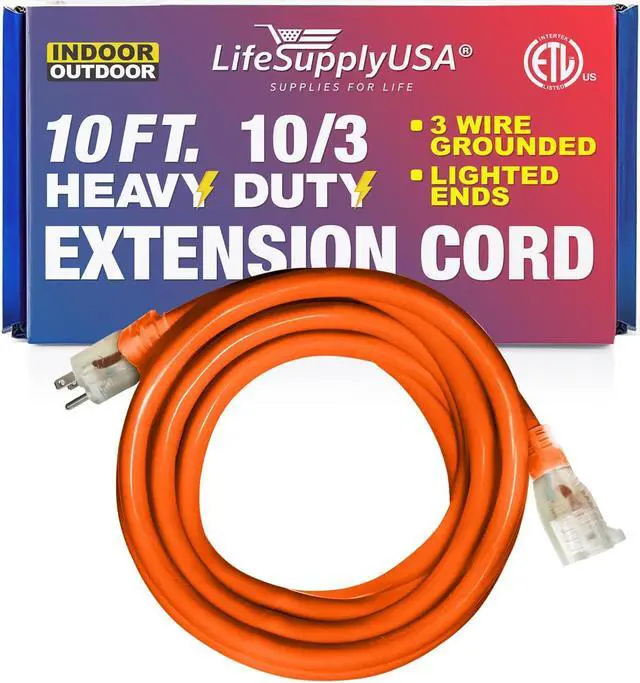 Main image of 10FT Power Extension Cord Outdoor & Indoor - Waterproof Electric Drop Cord Cable - 3 Prong SJTW, 10 Gauge, 15 AMP, 125 Volts, 1875 Watts, 10/3 - ETL Listed, by LifeSupplyUSA - Orange (1 Pack)