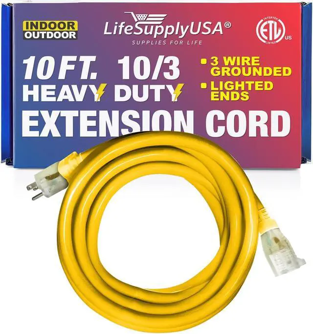 Alt view image 2 of 2 - 10 ft extension cord 10/3 sjtw with lighted end - yellow - indoor / outdoor heavy duty extra durability 15amp 125v 1875w etl listed by lifesupplyusa