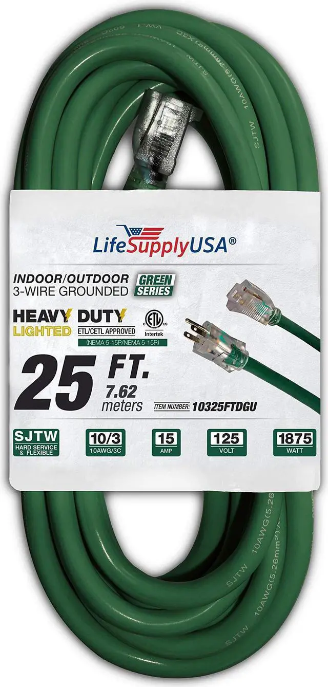 Alt view image 2 of 2 - 25 ft extension cord 10/3 sjtw with lighted end - dark green- indoor / outdoor heavy duty extra durability 15 amp 125 volts 1875 watts etl listed - by lifesupplyusa