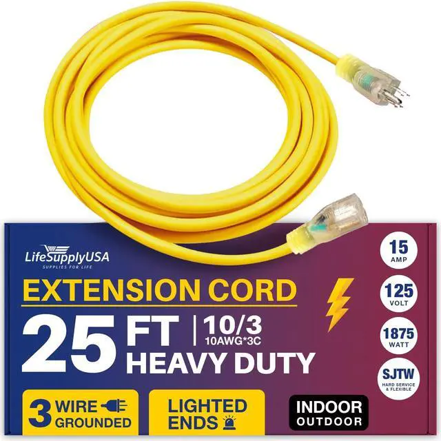 Alt view image 2 of 2 - 25 ft extension cord 10/3 sjtw with lighted end - yellow - indoor / outdoor heavy duty extra durability 15amp 125v 1875w etl listed by lifesupplyusa