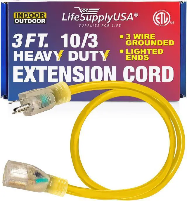 Alt view image 2 of 2 - 3 ft extension cord 10/3 sjtw with lighted end - yelllow - indoor / outdoor heavy duty extra durability 15amp 125v 1875w etl listed by lifesupplyusa