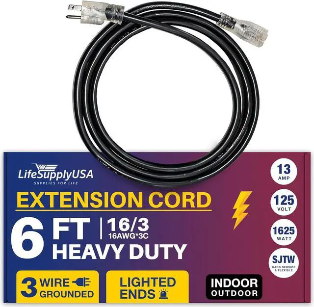 Alt view image 5 of 5 - 16/3 6ft SJTW 13 Amp 125 Volt 1625 Watt Lighted End Indoor/Outdoor Black Heavy Duty Extension Cord (6 Feet)