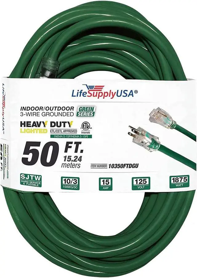 Main image of 50FT Power Extension Cord Outdoor & Indoor - Waterproof Electric Drop Cord Cable - 3 Prong SJTW, 10 Gauge, 15 AMP, 125 Volts, 1875 Watts, 10/3 - ETL Listed, by LifeSupplyUSA - Green (1 Pack)