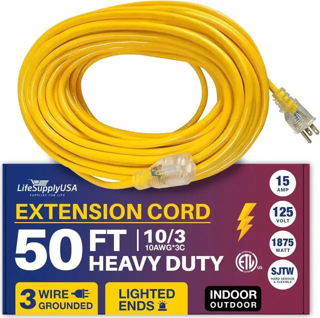 Alt view image 2 of 2 - 50 ft extension cord 10/3 sjtw with lighted end - yellow - indoor / outdoor heavy duty extra durability 15amp 125v 1875w etl listed by lifesupplyusa