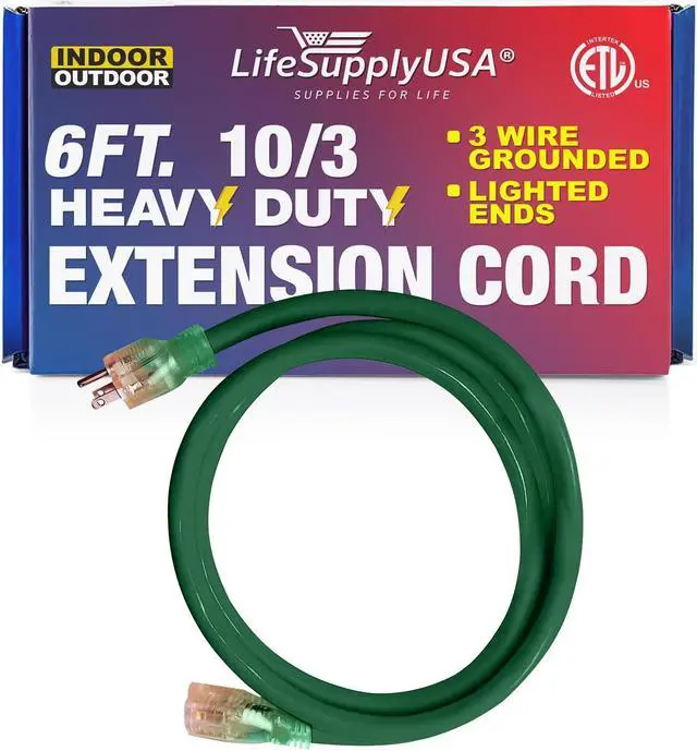 Main image of 6FT Power Extension Cord Outdoor & Indoor - Waterproof Electric Drop Cord Cable - 3 Prong SJTW, 10 Gauge, 15 AMP, 125 Volts, 1875 Watts, 10/3 - ETL Listed, by LifeSupplyUSA - Green (1 Pack)