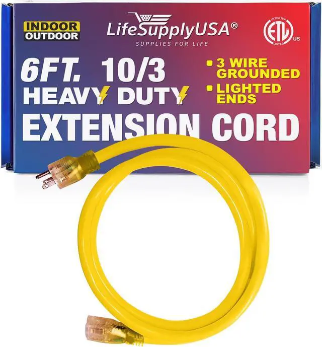 Alt view image 2 of 2 - 6 ft extension cord 10/3 sjtw with lighted end - yellow - indoor / outdoor heavy duty extra durability 15amp 125v 1875w etl listed by lifesupplyusa