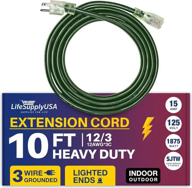 Main image of 10FT Power Extension Cord Outdoor & Indoor - Waterproof Electric Drop Cord Cable - 3 Prong SJTW, 12 Gauge, 15 AMP, 125 Volts, 1875 Watts, 12/3 by LifeSupplyUSA - Green (1 Pack)
