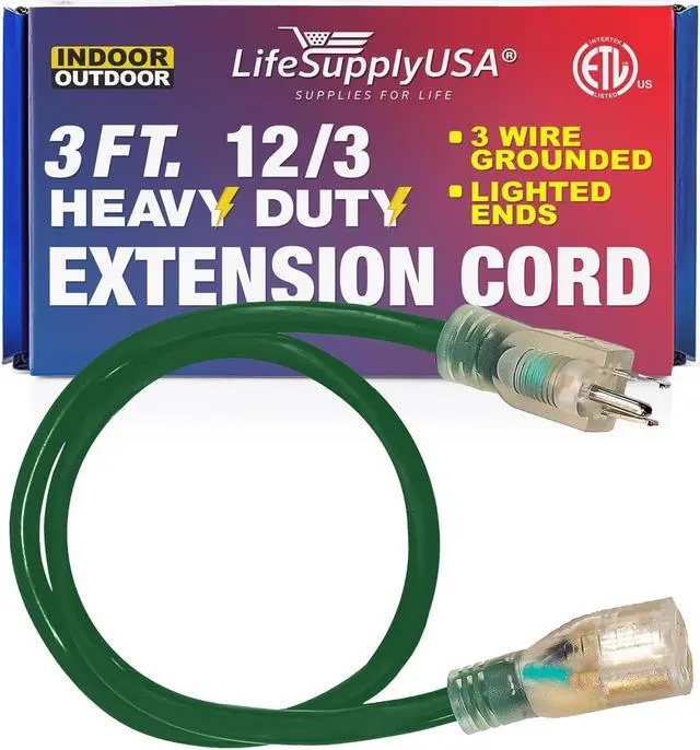 Main image of 3FT Power Extension Cord Outdoor & Indoor - Waterproof Electric Drop Cord Cable - 3 Prong SJTW, 12 Gauge, 15 AMP, 125 Volts, 1875 Watts, 12/3 - ETL Listed by LifeSupplyUSA - Green (1 Pack)