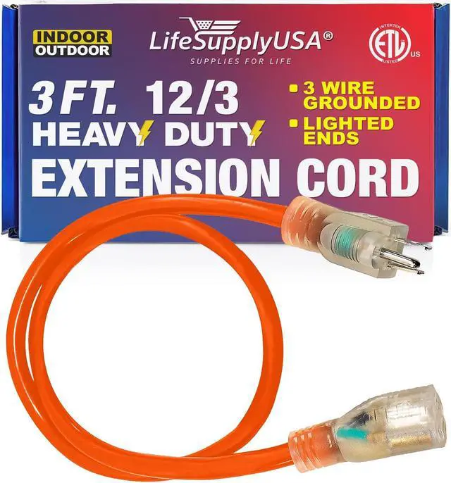 Main image of 3FT Power Extension Cord Outdoor & Indoor - Waterproof Electric Drop Cord Cable - 3 Prong SJTW, 12 Gauge, 15 AMP, 125 Volts, 1875 Watts, 12/3 - ETL Listed by LifeSupplyUSA - Orange (1 Pack)