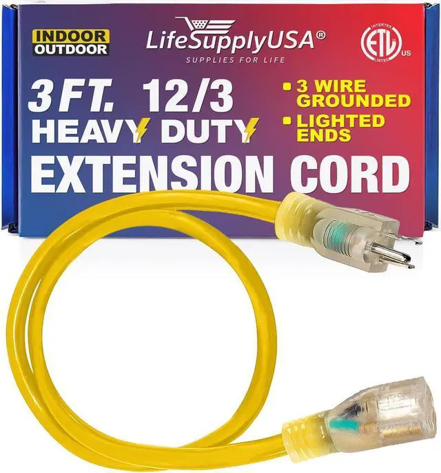 Main image of 3FT Power Extension Cord Outdoor & Indoor - Waterproof Electric Drop Cord Cable - 3 Prong SJTW, 12 Gauge, 15 AMP, 125 Volts, 1875 Watts, 12/3 - ETL Listed by LifeSupplyUSA - Yellow (1 Pack)