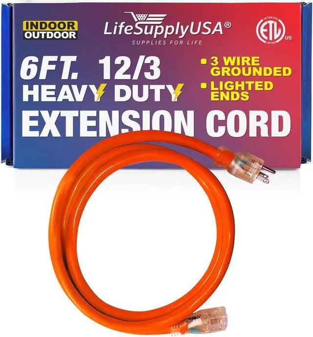 Alt view image 2 of 2 - 6 ft extension cord 12/3 sjtw with lighted end - orange - indoor / outdoor heavy duty extra durability 15amp 125v 1875w etl listed by lifesupplyusa